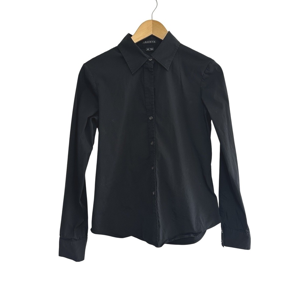 Theory Larissa Button Down Shirt Womens Medium Black Minimalist Stretch Comfort